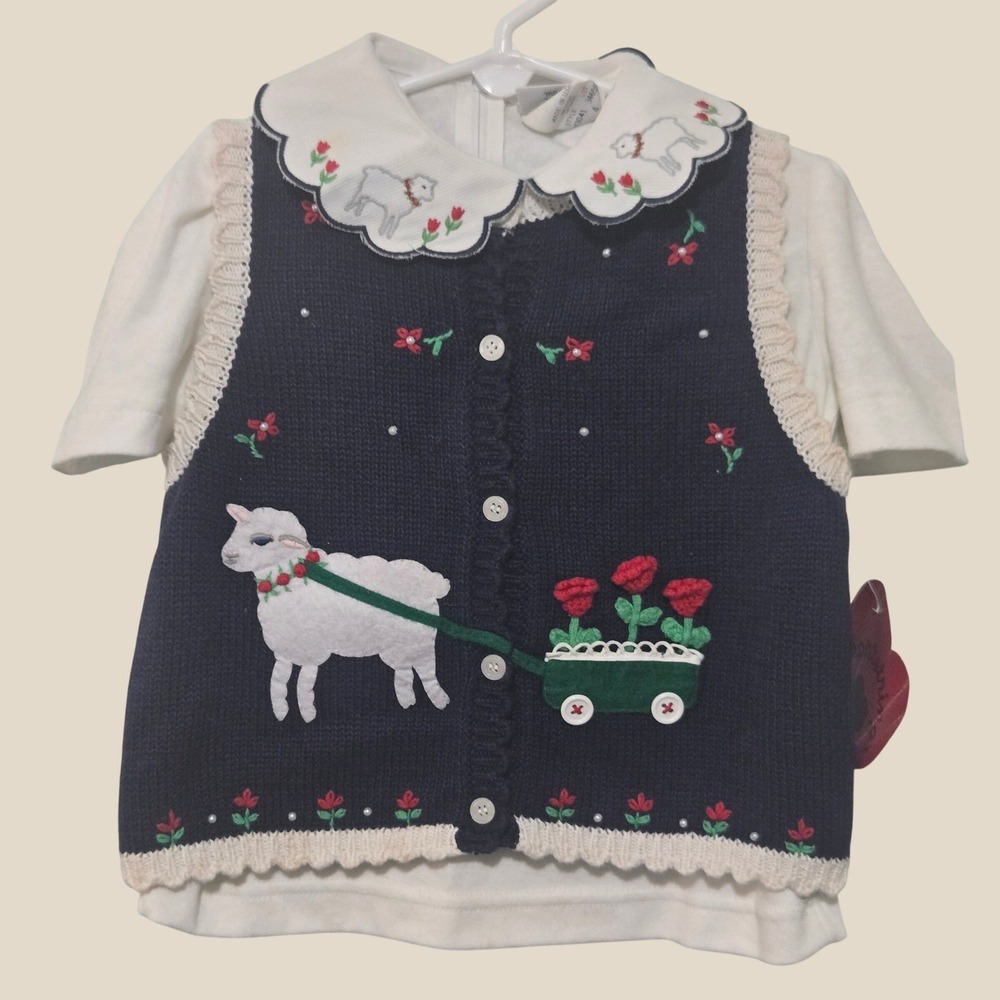 Hartstrings Girls 4T Vintage Lamb Sweater Vest & Blouse Set Navy Blue H3041 NWT